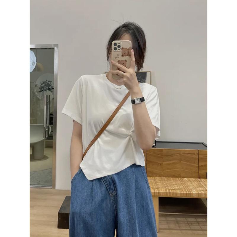 

Белая футболка из чистого хлопка с коротким рукавом для женщин, новый дизайн, нишевая, нерегулярная, свободный топ, лето XL белый