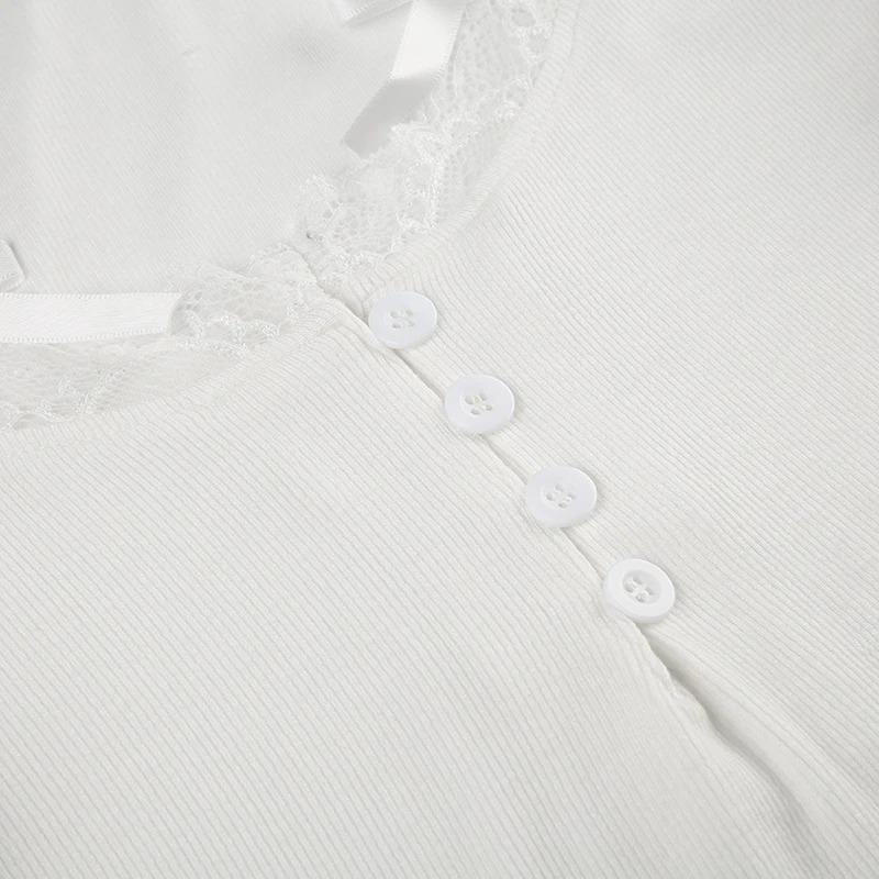 Decolteu cu dantelă, cu fundă, tricou drăguț Y2K, tricou pentru femei, subțire, cu mânecă scurtă, cu mânecă scurtă, îmbrăcăminte dulce pentru balet