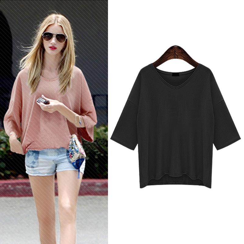 Women's V-Neck Mid-Sleeve Plus Size Loose T-Shirt - Summer Solid Color Versatile Top