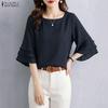 ZANZEA Blusa da Donna Casual Girocollo Monocolore con Volant Manica 3/4 Larga