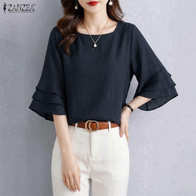 ZANZEA Blusa da Donna Casual Girocollo Monocolore con Volant Manica 3/4 Larga