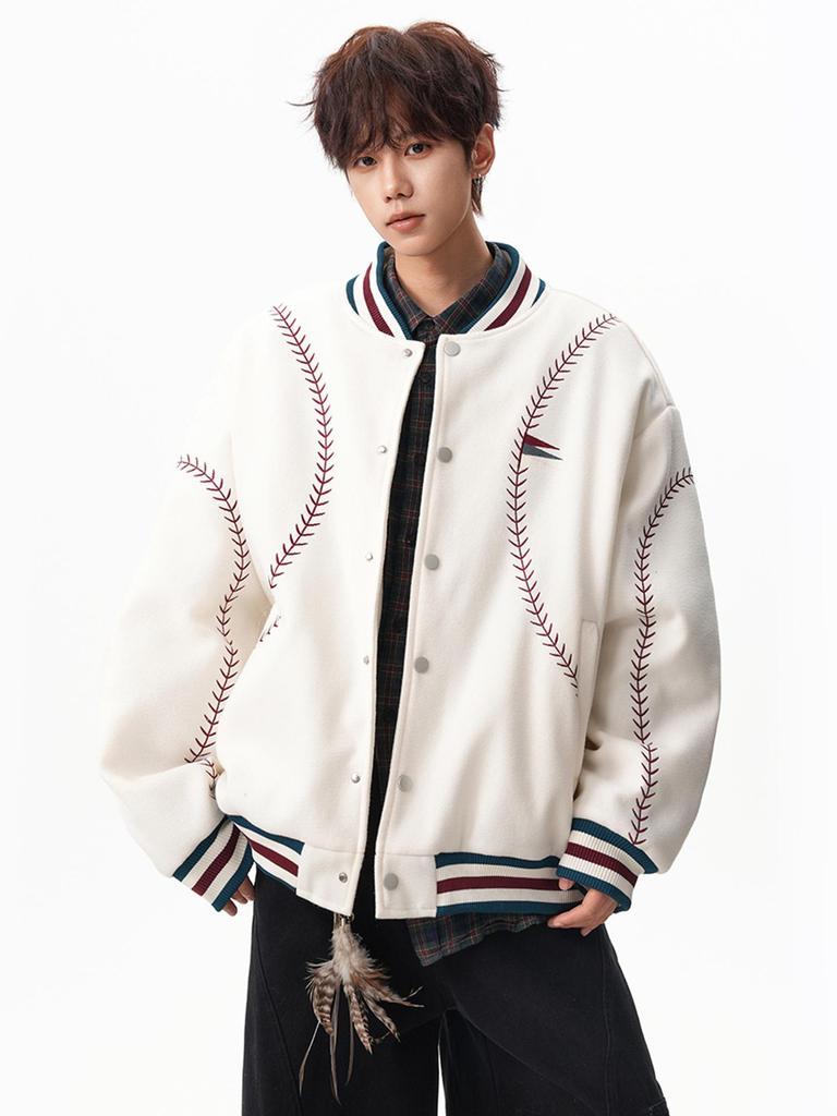 Guochao Vintage Woll-Baseballjacke mit Stickerei für Damen & Herren - Schweres Retro-Modell für Herbst/Winter 2025