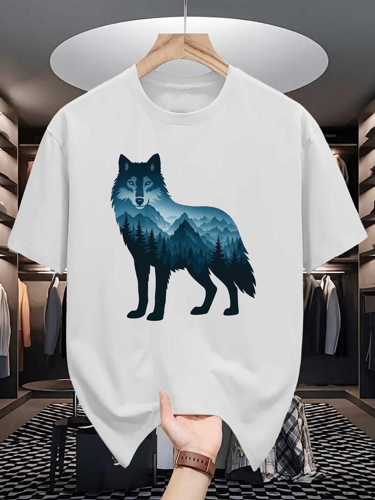 Unisex Yellow Tee Wolf Mountain Forest Silhouette Graphic Print Crew Neck Short Sleeve Summer Casual Male Cotton Street Top