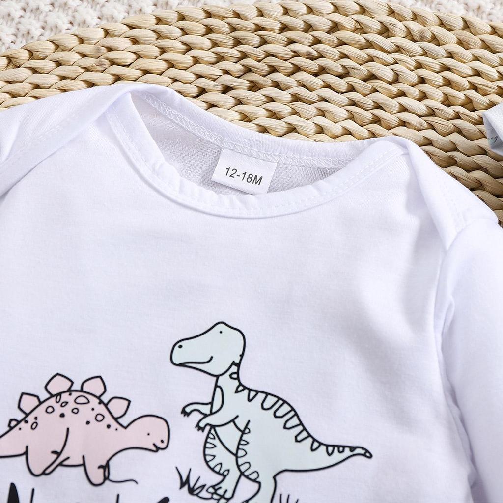 Infant Boy "New To The Crew" Print Dinosaur Pattern Long Sleeve Bodysuit With Matching Pants Hat Outfit Set