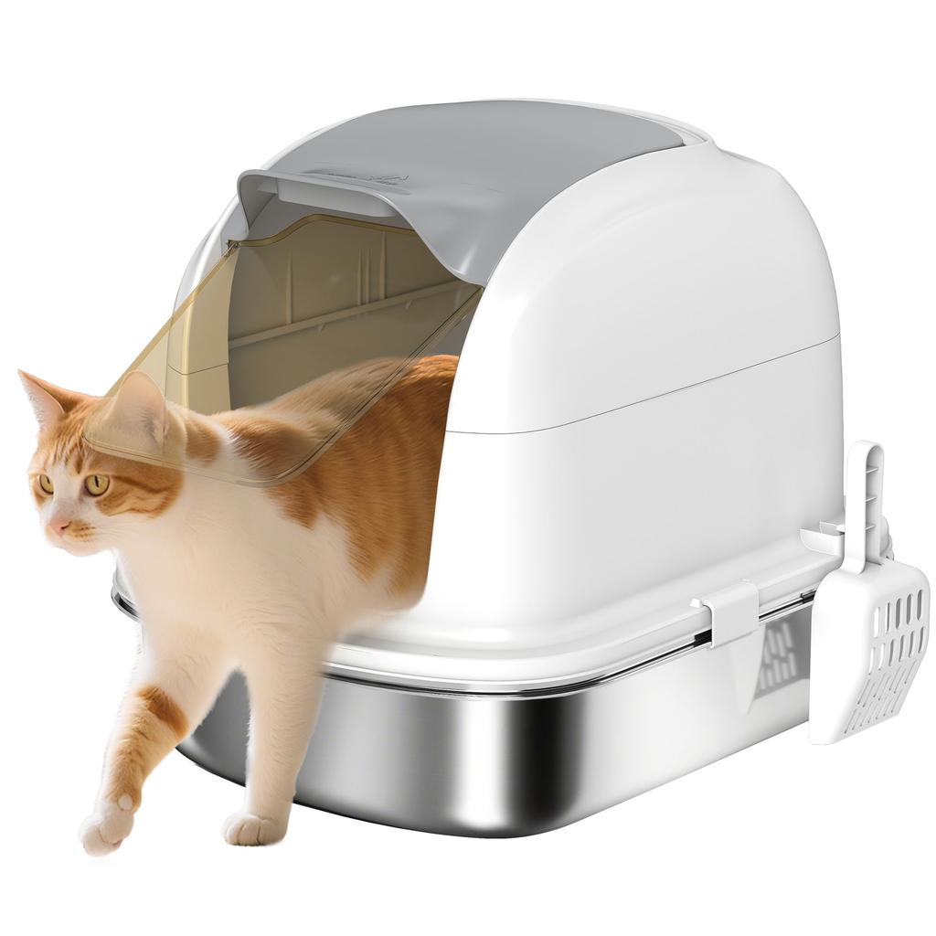 Litière pour Chat en Acier Inoxydable avec Couvercle, pour Chats, Litière Fermée pour Chat avec Couvercle à Rabat, Pelle