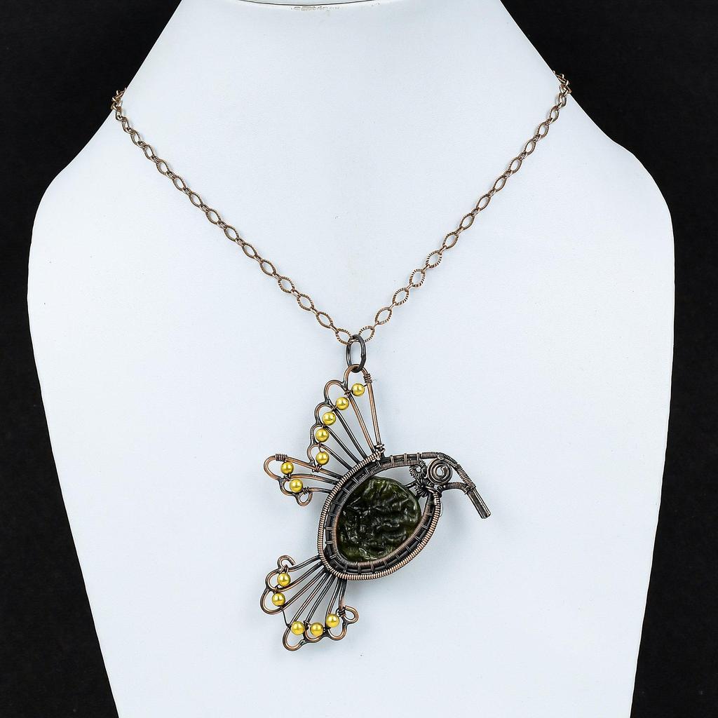 Moldavite Pendant Copper Wire Wrapped Gemstone Jewelry Unique Pendant Wire Wrap Jewelry Handmade Bird Pendant Copper Jewelry Gift For Mother