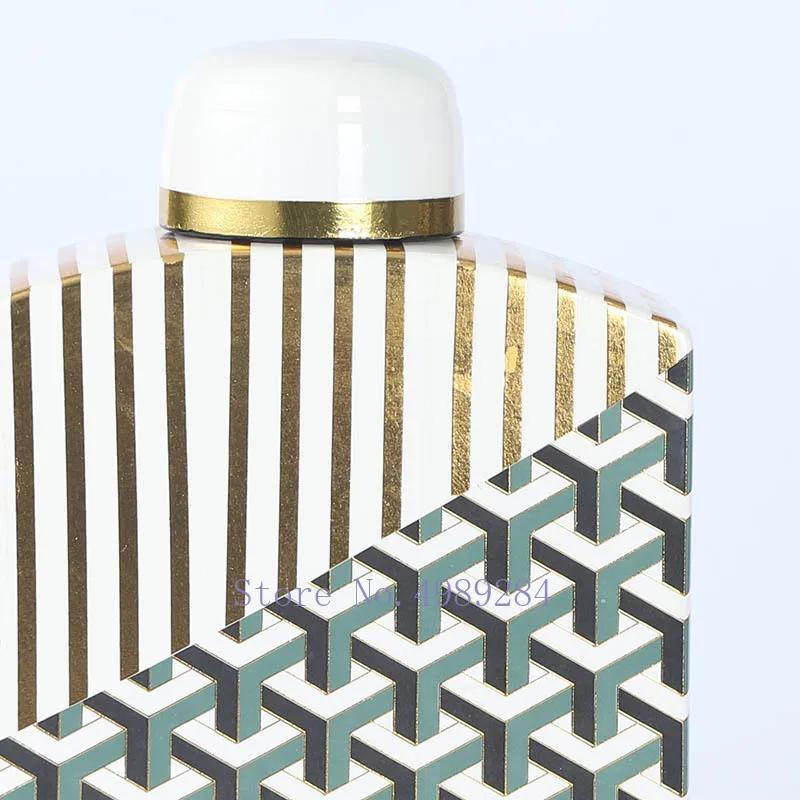 Tarro Cuadrado de Cerámica con Tapa Jarrón Geometría Artesanía Mobiliario Dorado Retro Tarro Decorativo de Cerámica Decoración del Hogar Jarrones