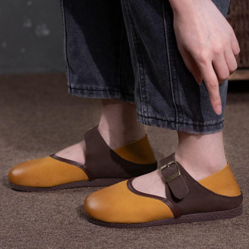 Johnature Genuine Leather Shallow Flats Breathable And Non Slip Soft Sole Retro Mixed Colors Women's Shoes