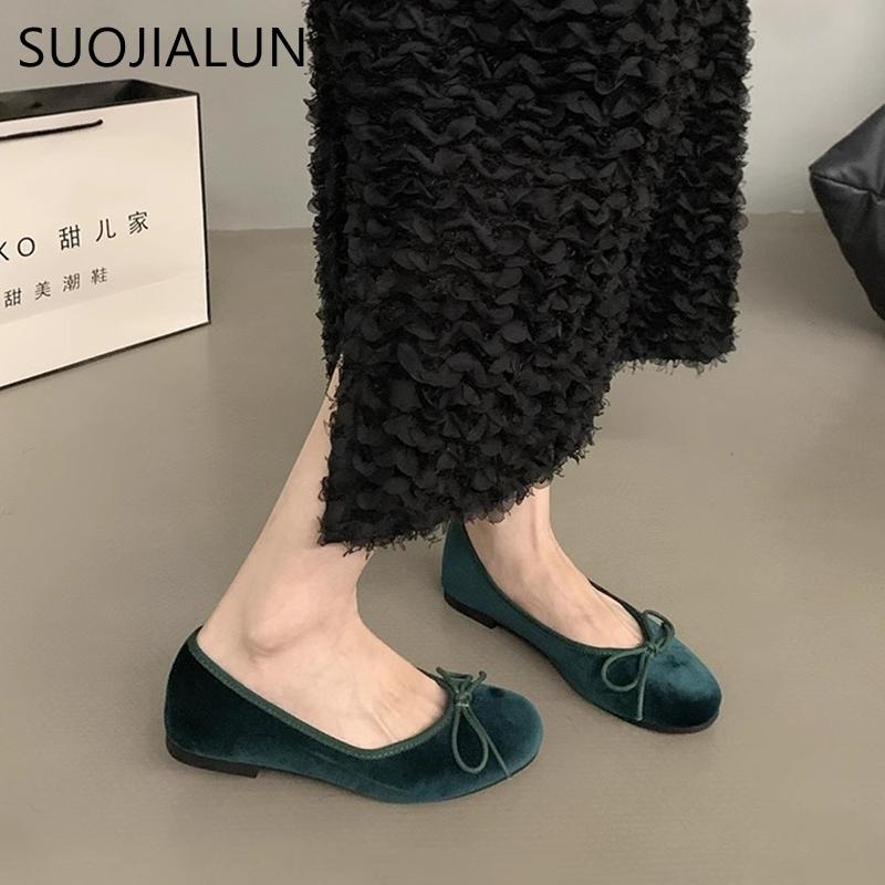 Fashion SUOJIALUN Autumn Women Flat Shoes Fashion Bow-knot Round Toe Shallow Slip On Ladies Boat Shoes Soft Flat Heel Dress Ballerinas S