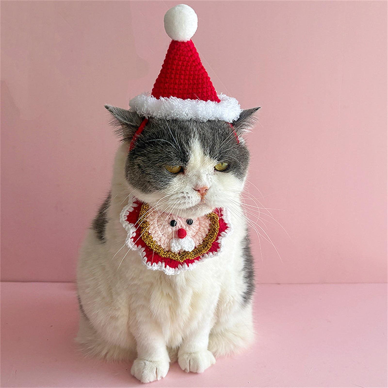 

ChristmasKitty Set, Handmade Knitted Dog Bib,CuteSanta Claus Accessories, Santa Hat, Bib One Size