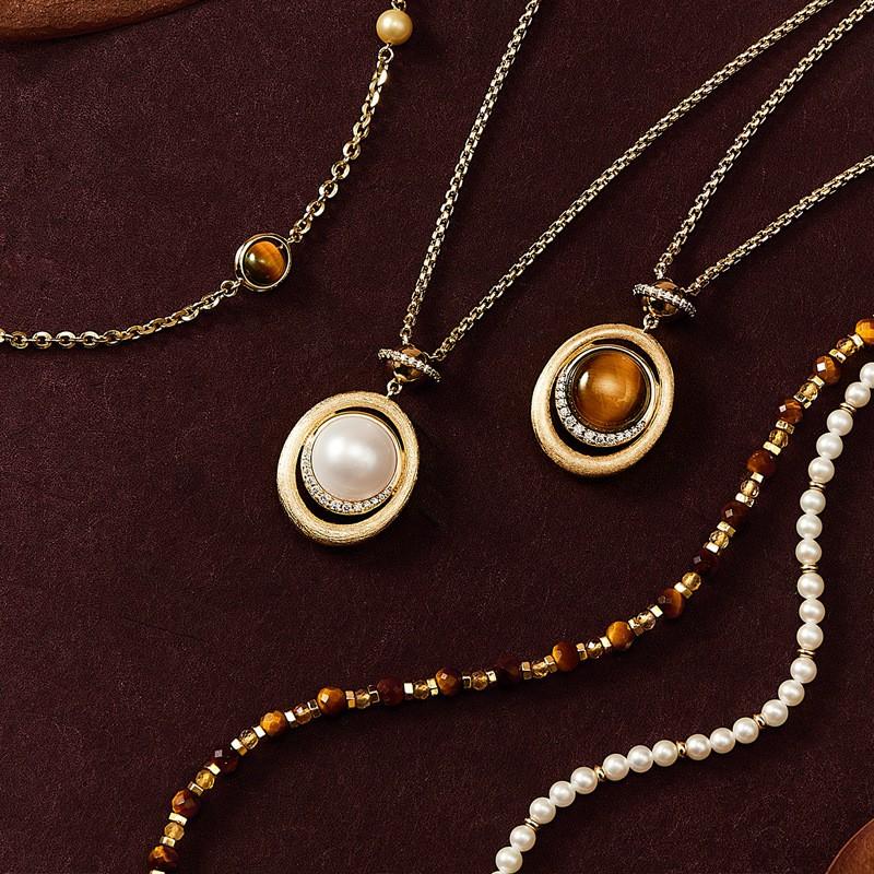 Layered Tigers Eye Pendant Necklace Women Gold Plated O-Link Chain Geometric Drop Design Lightweight Chic Jewelry