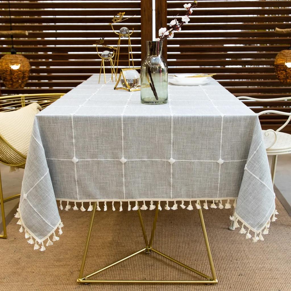 Cotton Linen Embroidery Tassel Tablecloth,Grey Large Square Dust-Proof Table Cover,for Kitchen Dinning Coffee Tabletop Decor