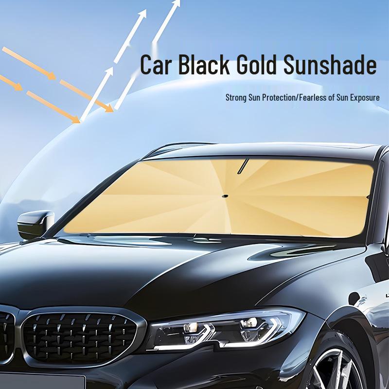 V-Shaped Titanium Gold Car Umbrella with Curved Handle for Front Windshield