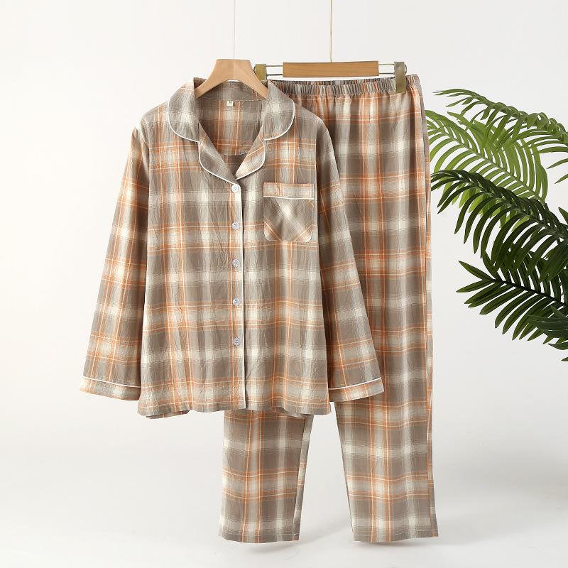 Couple Pajamas Two Piece Set Cotton Long Sleeved Pants Simple Plaid Print Pajamas Women Men Homewear Sleepwear