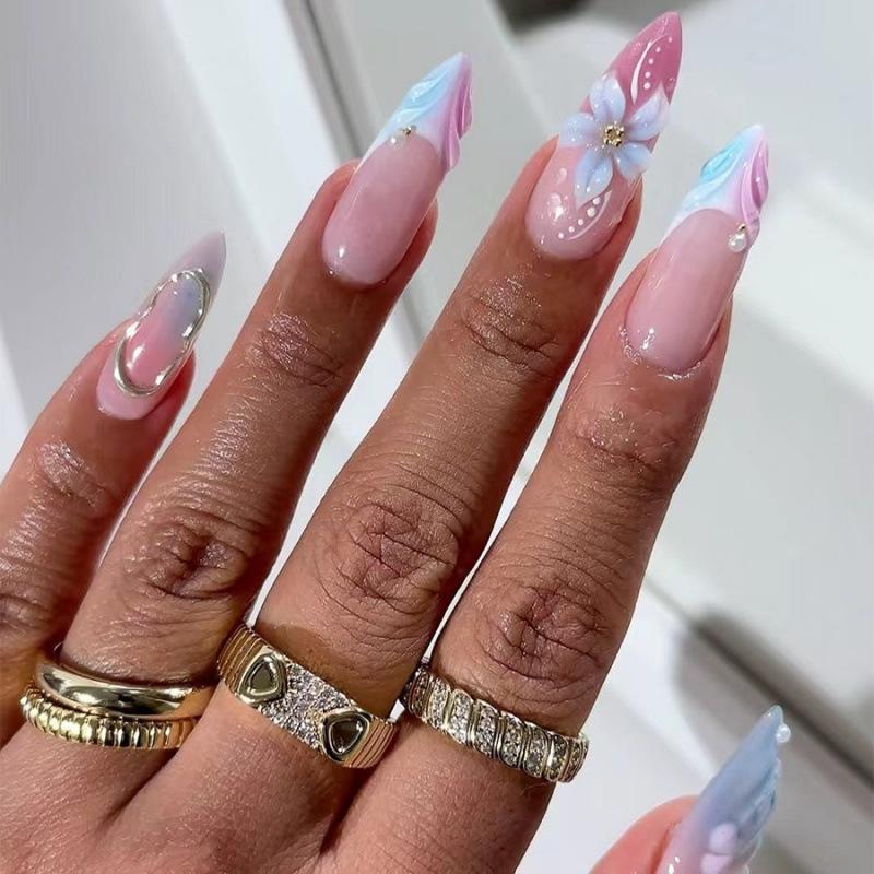 30-Piece 3D Wearable Nails: Blue-Pink Gradient with Flowers, Gold Foil, and Rhinestones Finished Strip (Three Pairs, Full Rhinestones)