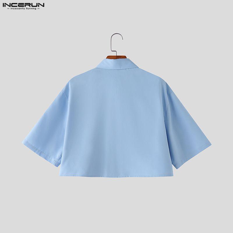 INCERUN Two Pieces Summer Men Lapel Neck Short Sleeve Cropped Tops and Pants Sets