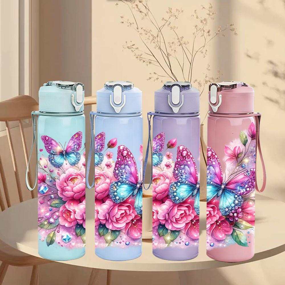 1PC Pink Rose Boho Floral Bouquet Art 750ml Color Plastic Sports Water Bottle Leakproof Flip Straw Lid Suitable for Sports Office Home Use