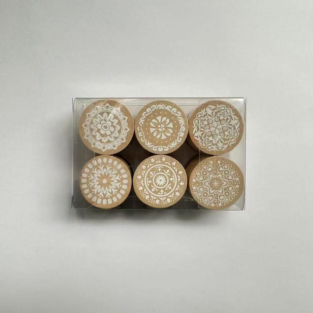 6pcs/box Round Wooden Retro Pattern Lace Seal Valentine's Day Blessings Series Handbook Photo Album Diary Seal Assorted Stamp