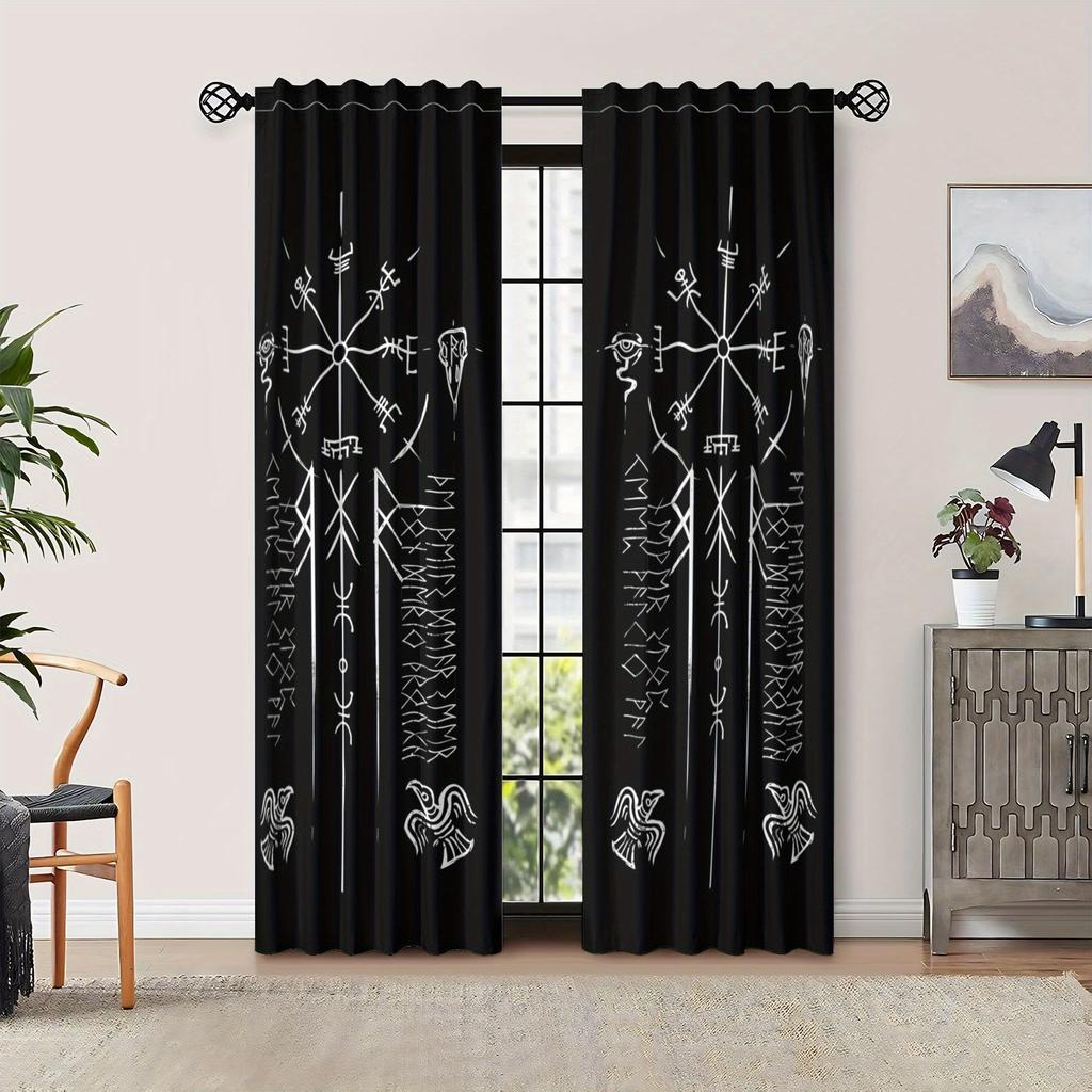 2PCS Vegvisir Symbol Print Polyester Curtains Rod Pocket Top for Living Room Home Decor