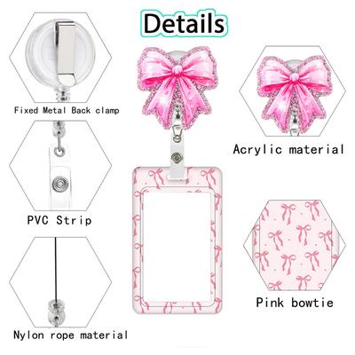 Retractable Card Holder Pink Acrylic Badge Holder Expansion Buckle Badge Clip Pink Bow Badge Cover For Event Souvenirs