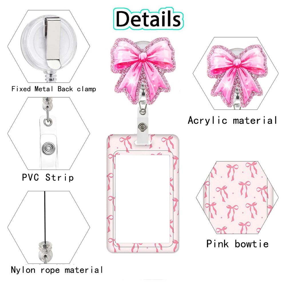 Retractable Card Holder Pink Acrylic Badge Holder Expansion Buckle Badge Clip Pink Bow Badge Cover For Event Souvenirs