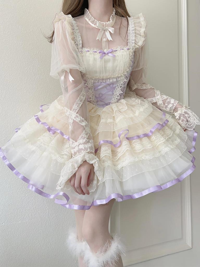Lolita JSK Jumper Skirt Ribbon One Piece Dreamy Cute Gothic Lolita Dress Bride Style Clothing Ruffles Palace Style Mori Girl Princess Lolita Idol