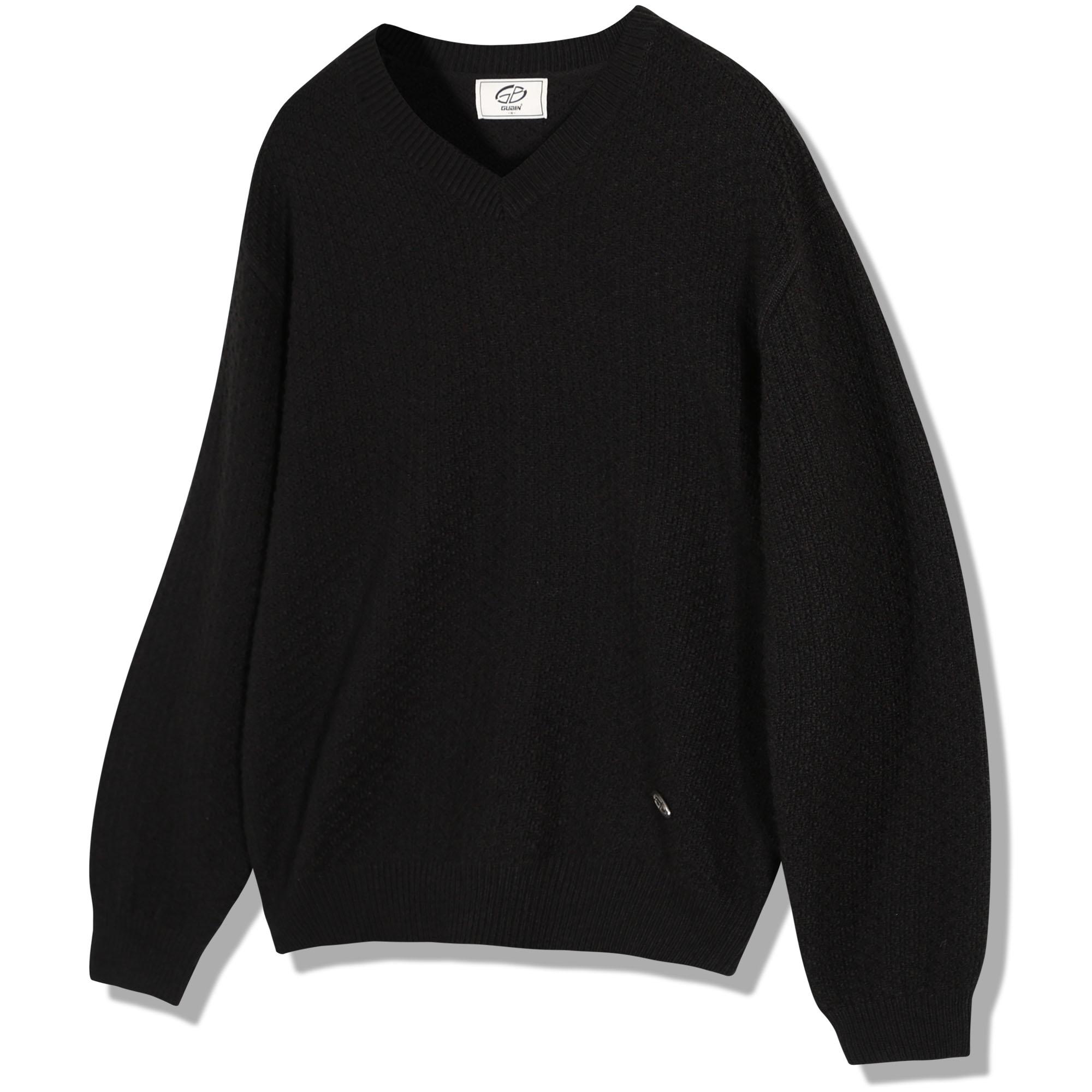 Goobin Retro Pattern V-Neck Knit - Black Black/M