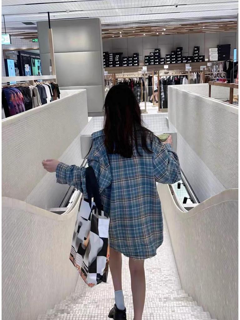 Retro Distressed Plaid Flannel Shirt with Tassels, Unisex Spring Loose Fit