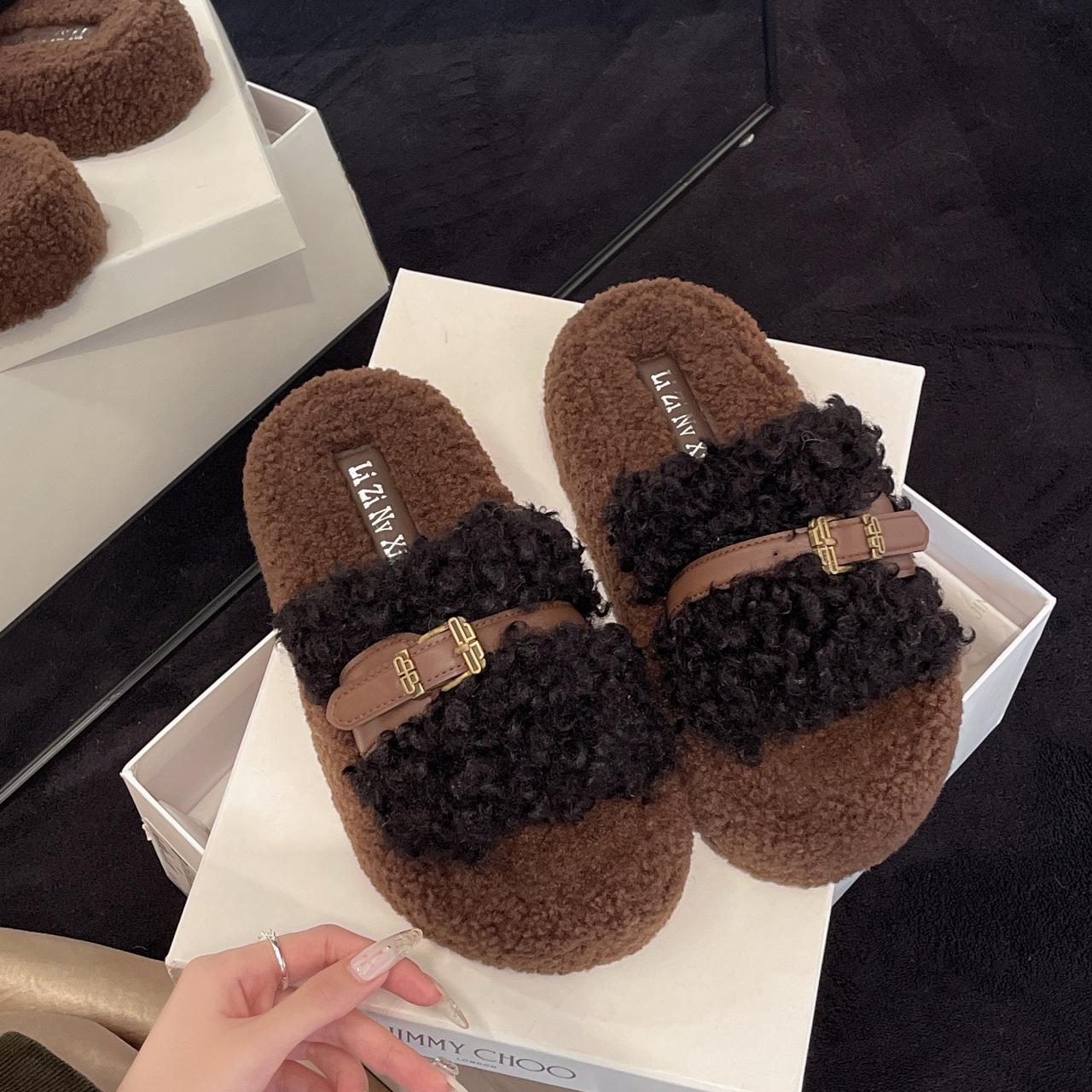 

Premium fluffy slippers women s wear new autumn and winter thick-soled heightening casual plush cotton slippers 40 чорний