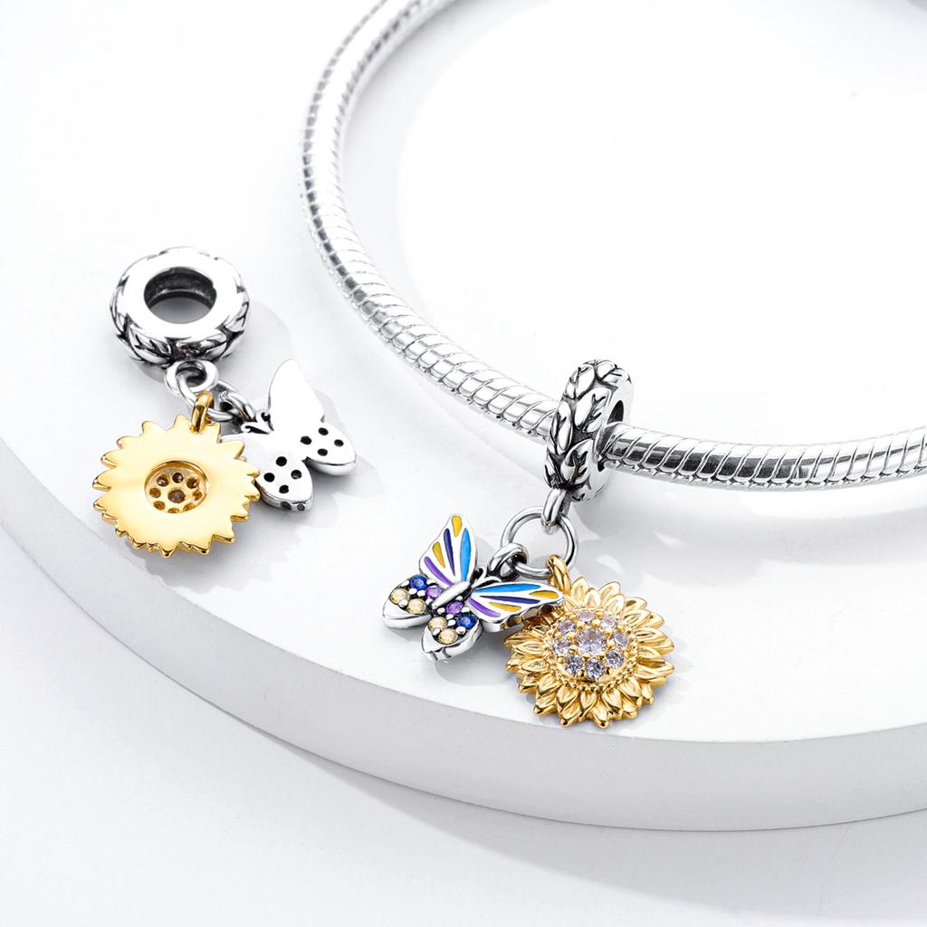Kupferbeschichtete Blumen Charms Perlen Anhänger Sonnenblume Schmetterling Hängend Passend für Original Armband Cz Pavé Schmuckherstellung