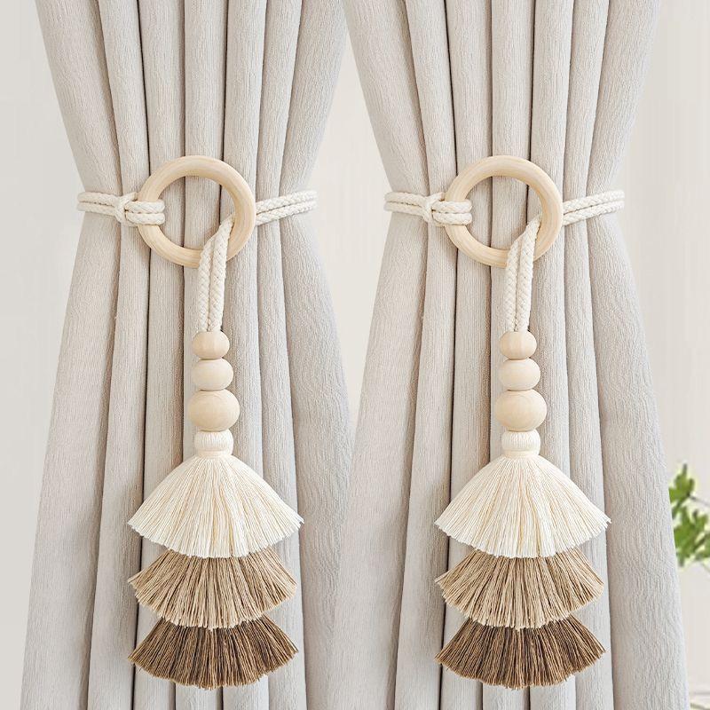 Neue 1/2 Stück Quasten-Vorhang-Haltebänder, Vorhang-Haltebänder mit Holzkugeln, Böhmische Vorhangklammer, Vorhang-Haltebänder Heimdekoration