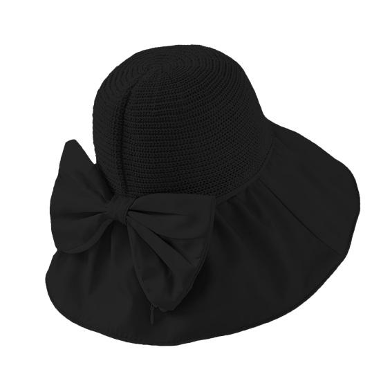 Bucket Hat Bow Decor Sun Protection Large Ruffled Brim Beach Hat Breathable Hollow Woven Top Foldable Travel Hat