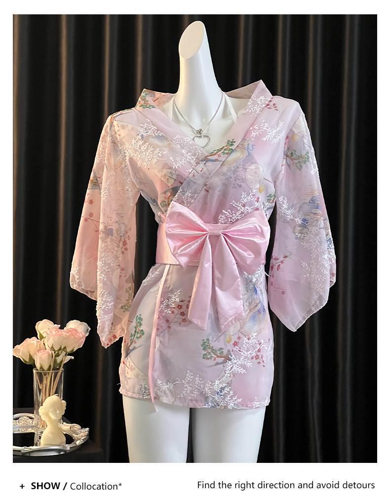 Elegant Japanese Chiffon Kimono Nightgown with Bow Embroidery