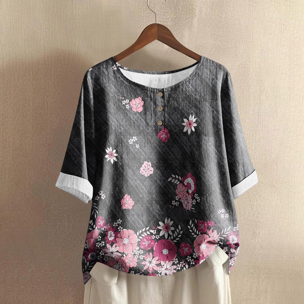 Women's Casual Mid-sleeve Round Neck Retro Floral Print Cotton And Linen Top