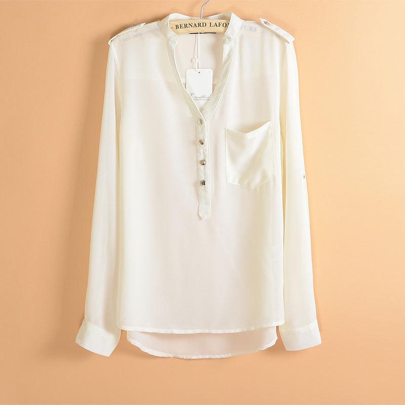 Women Spring Summer V-neck Chiffon Elegant All-match Solid Botton Casual Spirals Shirt Blouse