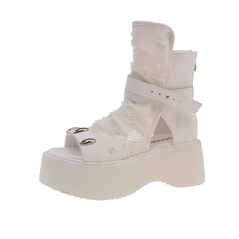 Summer thin high-top sandals fashion toe muffin denim ripped summer Martin boots leaking mesh short boots women