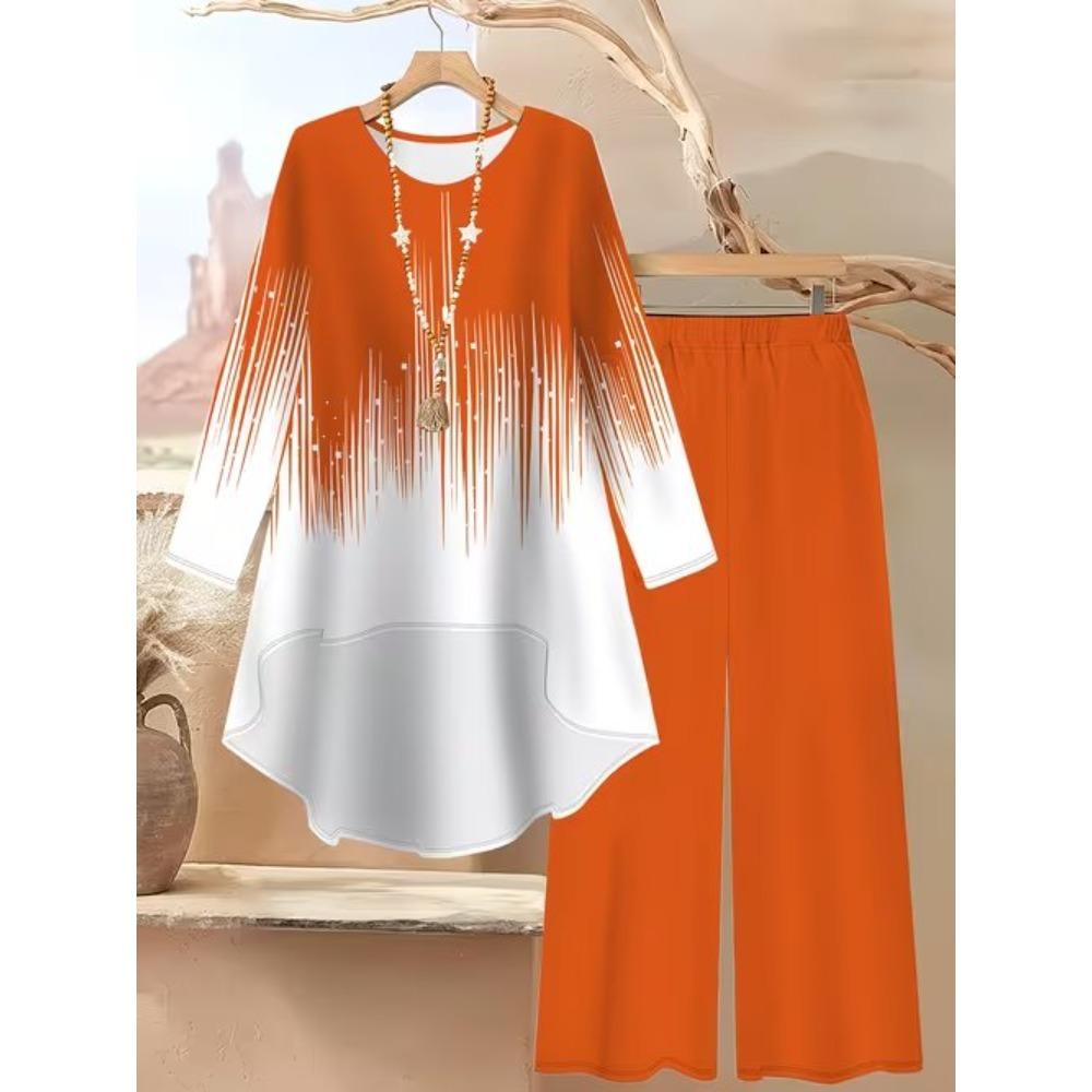 Geometric Pattern Print Two Piece Outfit Women Long Sleeve Irregular Hem Tunic Top Wide Leg Pants Casual Matching Set