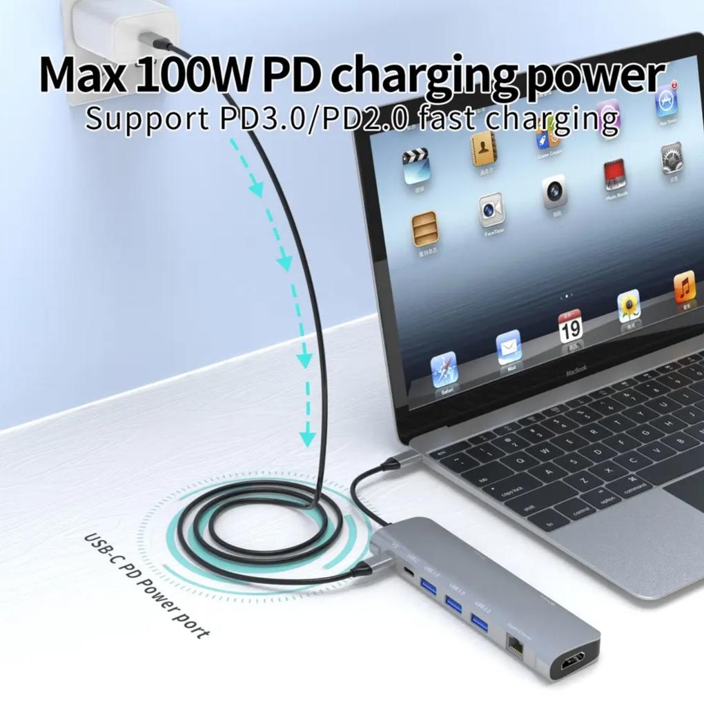 HUB USB-C HDMI 4k LAN RJ45 Gigabit PD 100W USB 3.0 Adapter