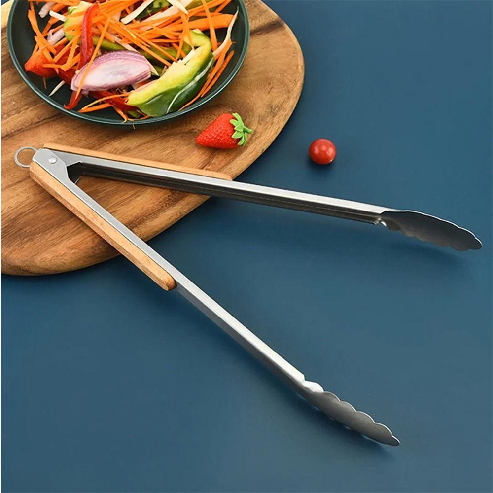 1Pcs Stainless Steel Grill Tong Wooden Handle Bread Salad Serving Clip Durable Cooking Clamp