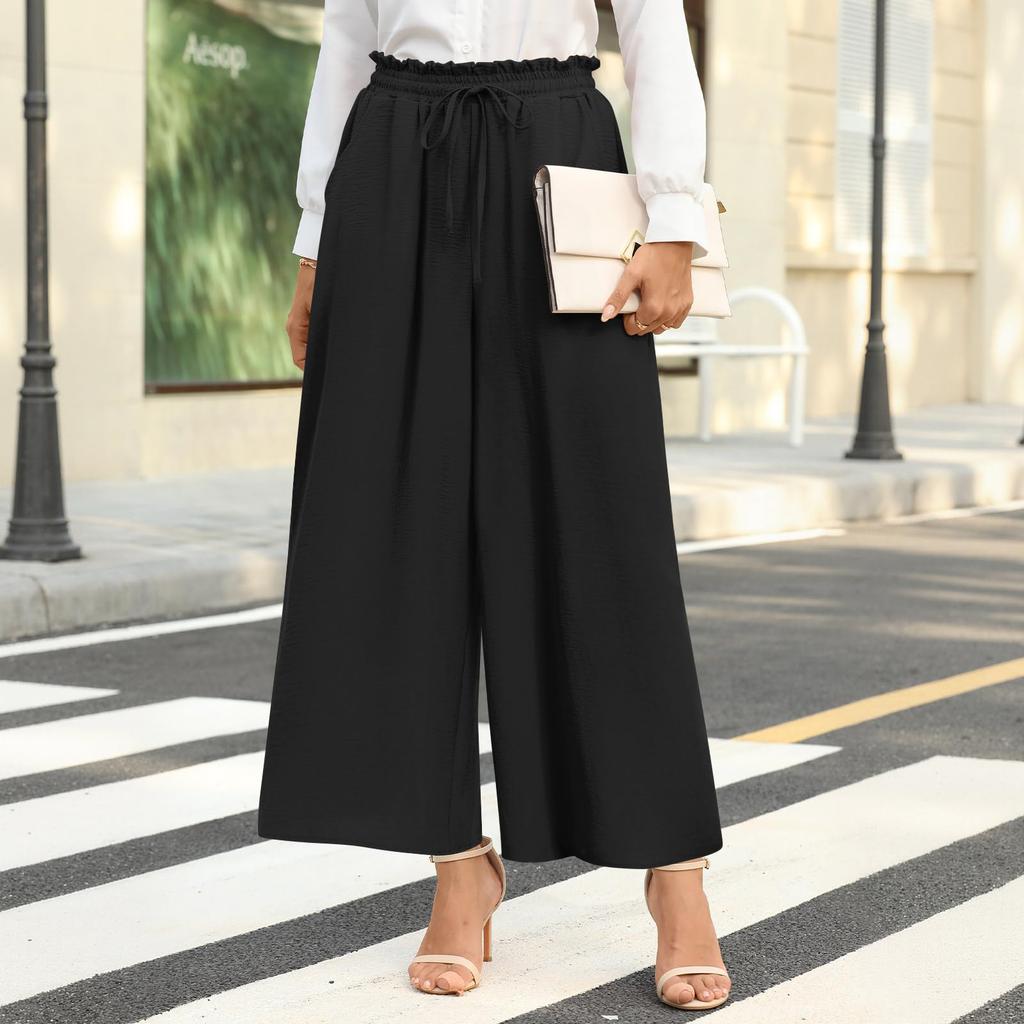 Damen Elastische Hose mit Hohem Bund Lässige Passform Weites Bein Lange Hose Hose mit Taschen