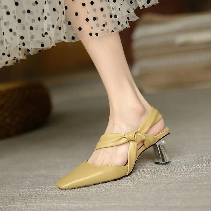 Fashion Leather for Office Work Sandals Women Footwear Yellow High Heels Pointed Toe Medium Summer 2024 Block Heel Ladies Shoes Pearl F