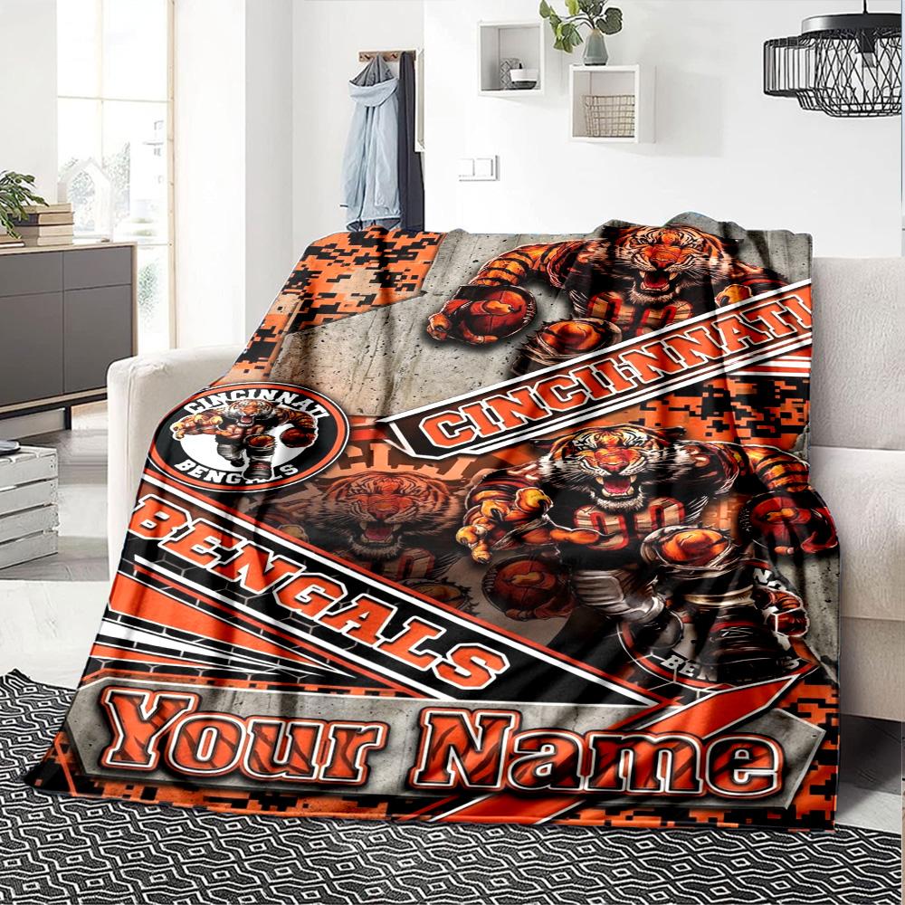Name Custom Cincinnati Bengals Logo Print Flannel Blanket High Quality Warm Comfortable Cover for All Seasons Perfect for Gifts Home Decor