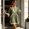 Women's Lace Trim V-Neck Cotton Linen Short Dress with Three-Quarter Sleeves Loose Fit