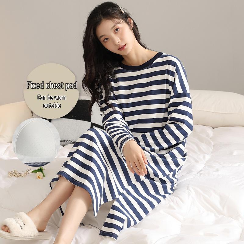 Guochun 2025 Cartoon Pure Cotton Nightgown with Built-in Bra - Women s Autumn/Winter Long Sleeve Pajamas M