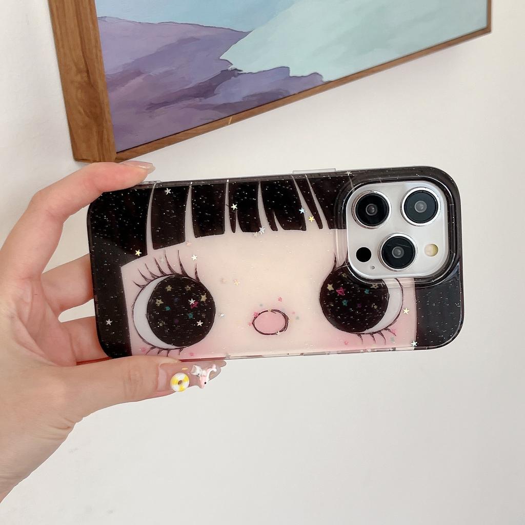 Dromerige INS Glanzende Grote Ogen Strip Meisje Schattige Telefoonhoesje Voor IPhone 17 16 15 14 13 12 11 Pro Max Plus INS Eenvoudige Cover