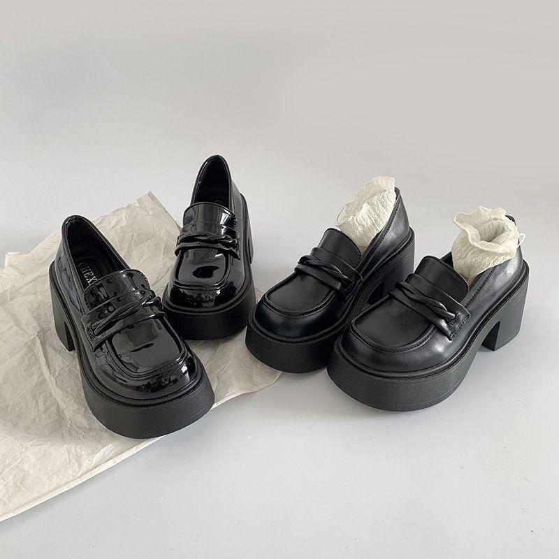Japanese jk platform thick heel black one-pedal loafers 2025 autumn new French retro high heels women