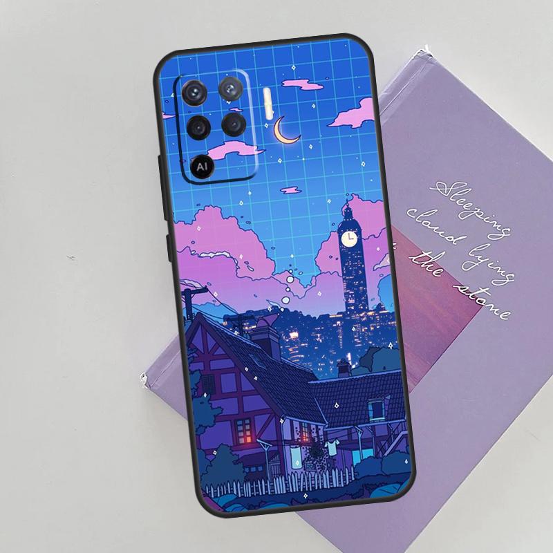 Cyberpunk  Village Neon Anime Case For OPPO Reno 5 Lite 2Z 2F A15 A52 A72 A83 A54 A74 A94 A5 A9 A31 A53 A53S 2020 Cover