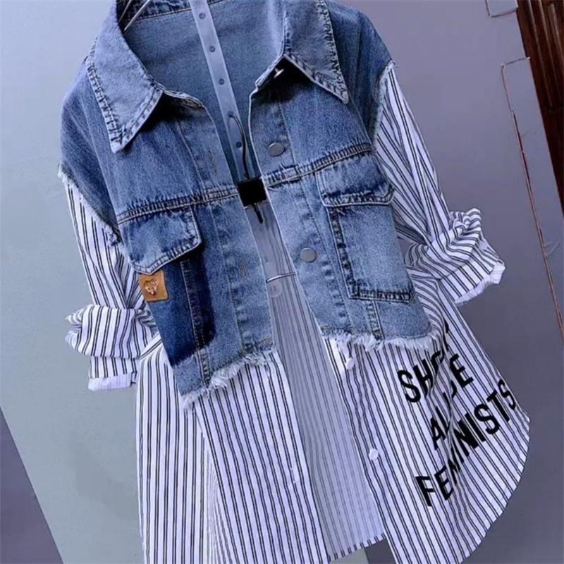 Fashion Striped Denim Jacket Women's Spring/Summer Design Sense Stitching Women Jackets Temperament Coat Top