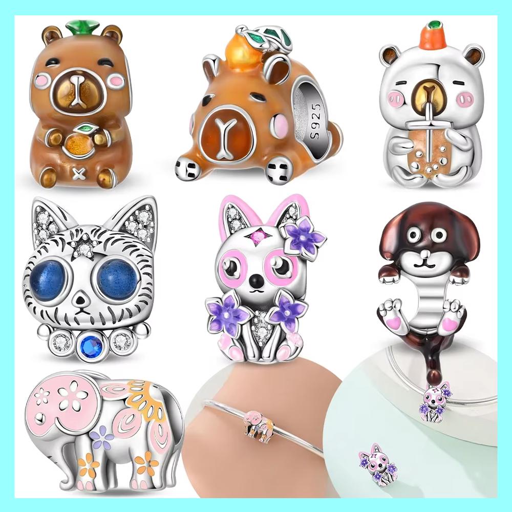 Exquisite Brown Pufferfish Flowers Cat Animal Dog Copper Original Charms Beads Fit Bracelet Women Jewelry Diy Gift Accessory