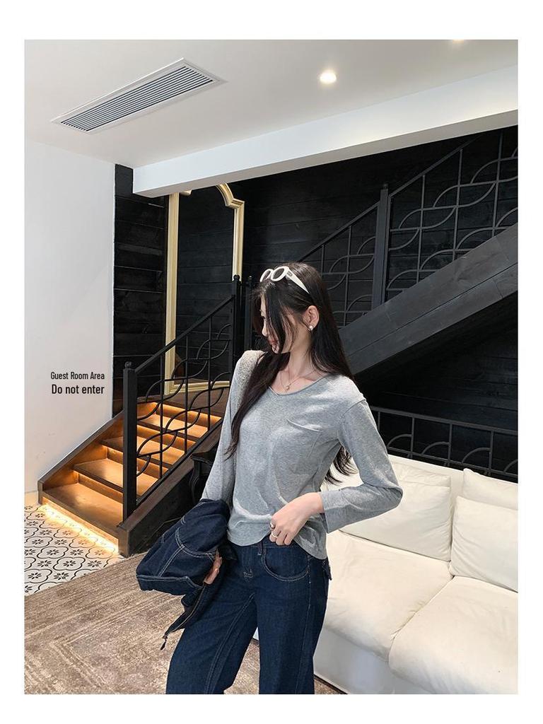 Korean High-End V-Neck Loose Long-Sleeve Women's T-Shirt, Autumn/Winter 2025